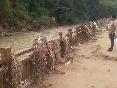 洪水过后的广东肇庆河道水泥仿木围栏